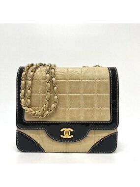 Chanel Shoulder Bag Bicolor Choco Bar Leather Beige